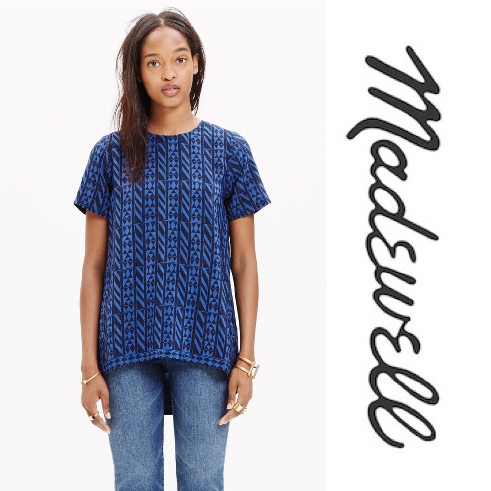 Women's Blue Silk Tailored Tee In Geometric Stripe
